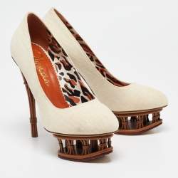 Charlotte Olympia Cream Canvas Rattan Dolly Platform Pumps Size 38