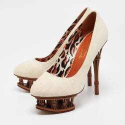 Charlotte Olympia Cream Canvas Rattan Dolly Platform Pumps Size 38