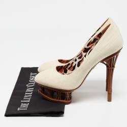 Charlotte Olympia Cream Canvas Rattan Dolly Platform Pumps Size 38