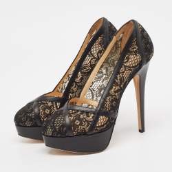 Pre Owned Charlotte Olympia Black Lace and Leather Platform Pumps Size 38