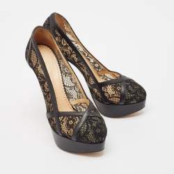 Pre Owned Charlotte Olympia Black Lace and Leather Platform Pumps Size 38