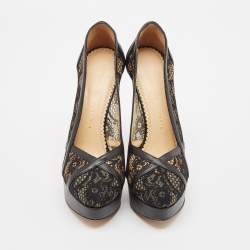 Pre Owned Charlotte Olympia Black Lace and Leather Platform Pumps Size 38