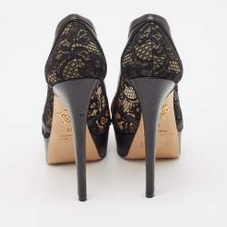 Pre Owned Charlotte Olympia Black Lace and Leather Platform Pumps Size 38