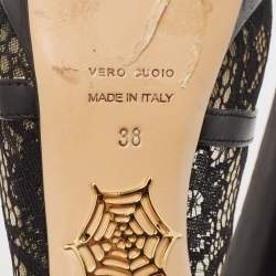 Pre Owned Charlotte Olympia Black Lace and Leather Platform Pumps Size 38