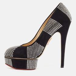 Pre Owned Charlotte Olympia Black Suede Dolly Platform Pumps Size 37.5