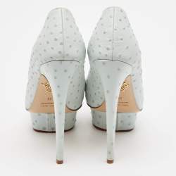 Charlotte Olympia Light Blue Ostrich Embossed Leather Dolly Platform Pumps Size 38