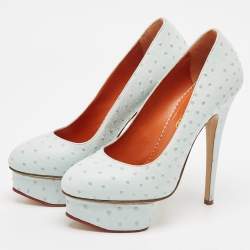 Charlotte Olympia Light Blue Ostrich Embossed Leather Dolly Platform Pumps Size 38