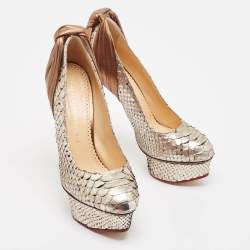 مملوكة مسبقًا Charlotte Olympia Gold/Silver Python Leather Platform Pumps Size 37.5