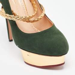 Charlotte Olympia Green/Gold Suede and Braided Leather Dolly Ankle Strap Pumps 38.5