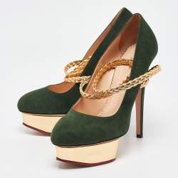 Charlotte Olympia Green/Gold Suede and Braided Leather Dolly Ankle Strap Pumps 38.5