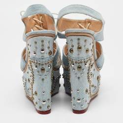 Charlotte Olympia Blue Denim Studded Cut Out Wedge Platform Sandals Size 37