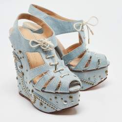 Charlotte Olympia Blue Denim Studded Cut Out Wedge Platform Sandals Size 37