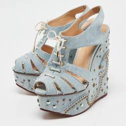 Charlotte Olympia Blue Denim Studded Cut Out Wedge Platform Sandals Size 37