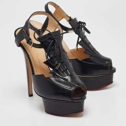 Pre Owned صندل شريط الكاحل جلد أسود شارلوت أوليمبيا مقاس 35