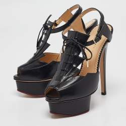 Pre Owned صندل شريط الكاحل جلد أسود شارلوت أوليمبيا مقاس 35