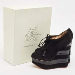 Charlotte Olympia Black Suede and Patent Leather Martha Wedge Booties Size 40