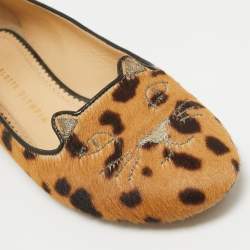 Charlotte Olympia Brown Leopard Print Calf Hair Cat Ballet Flats Size 38