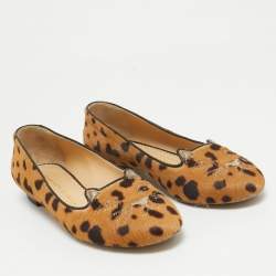 Charlotte Olympia Brown Leopard Print Calf Hair Cat Ballet Flats Size 38