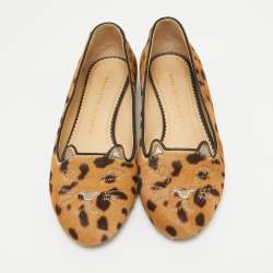 Charlotte Olympia Brown Leopard Print Calf Hair Cat Ballet Flats Size 38