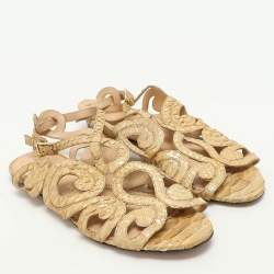 Charlotte Olympia Yellow/Gold Python Cut Out Strappy Flat Sandals Size 38