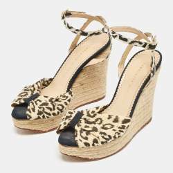 Charlotte Olympia Beige/Black Fabric Wedge Espadrille Sandals Size 38