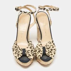 Charlotte Olympia Beige/Black Fabric Wedge Espadrille Sandals Size 38