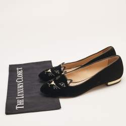 Charlotte Olympia Black Velvet Embroidered Kitty Ballet Flats Size 38.5