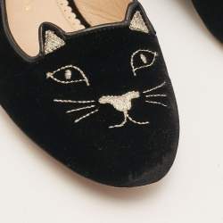 Charlotte Olympia Black Velvet Embroidered Kitty Ballet Flats Size 38.5