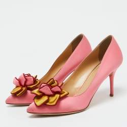 Pre Owned Charlotte Olympia Pink Satin Flower Detail Pointed Toe Pumps Size 39