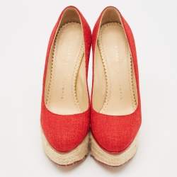 Charlotte Olympia Red Canvas Carmen Espadrille Platform Wedge Pumps Size 34
