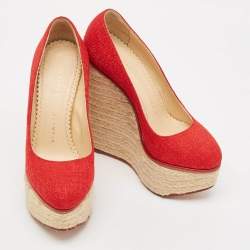 Charlotte Olympia Red Canvas Carmen Espadrille Platform Wedge Pumps Size 34