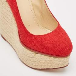 Charlotte Olympia Red Canvas Carmen Espadrille Platform Wedge Pumps Size 34