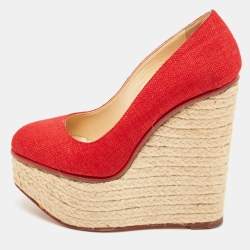 Charlotte Olympia Red Canvas Carmen Espadrille Platform Wedge Pumps Size 34