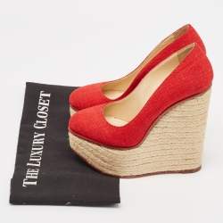 Charlotte Olympia Red Canvas Carmen Espadrille Platform Wedge Pumps Size 34