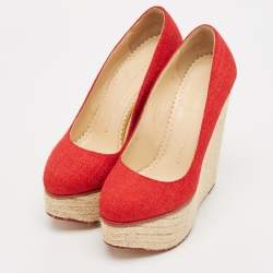 Charlotte Olympia Red Canvas Carmen Espadrille Platform Wedge Pumps Size 34