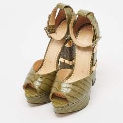 Pre Owned Charlotte Olympia Green Croc Embossed Leather Eugenie Platform Sandals Size 36
