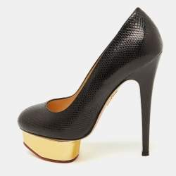 Pre Owned Charlotte Olympia Black Karung Leather Dolly Platform Pumps Size 36