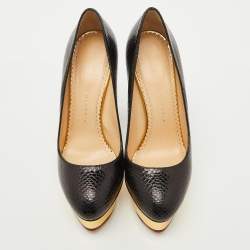 Pre Owned Charlotte Olympia Black Karung Leather Dolly Platform Pumps Size 36