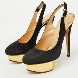 Charlotte Olympia Black Suede Dolly Slingback Platform Pumps Size 36.5