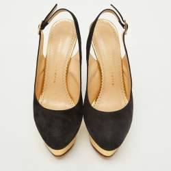 Charlotte Olympia Black Suede Dolly Slingback Platform Pumps Size 36.5