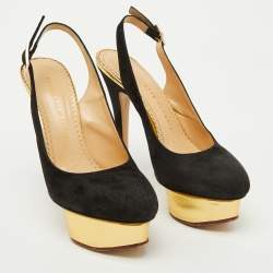 Charlotte Olympia Black Suede Dolly Slingback Platform Pumps Size 36.5