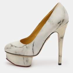 Charlotte Olympia White/Grey Marble-Print Leather Dolly Pumps Size 36