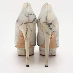 Charlotte Olympia White/Grey Marble-Print Leather Dolly Pumps Size 36