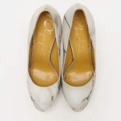 Charlotte Olympia White/Grey Marble-Print Leather Dolly Pumps Size 36