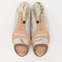 Charlotte Olympia White/Grey Marble-Print Leather Dolly Pumps Size 36