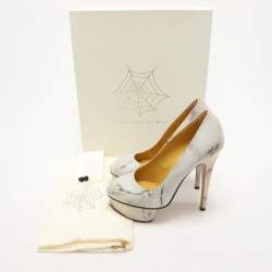 Charlotte Olympia White/Grey Marble-Print Leather Dolly Pumps Size 36