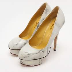 Charlotte Olympia White/Grey Marble-Print Leather Dolly Pumps Size 36