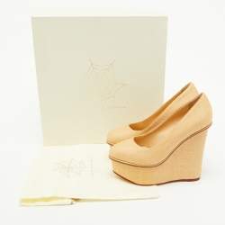 مملوكة مسبقًا Charlotte Olympia Beige Raffia Carmen Platform Wedge Pumps Size 36