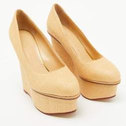 مملوكة مسبقًا Charlotte Olympia Beige Raffia Carmen Platform Wedge Pumps Size 36