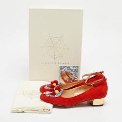 مملوكة مسبقًا Charlotte Olympia Red Suede Peking Anke Strap Pumps Size 36.5
